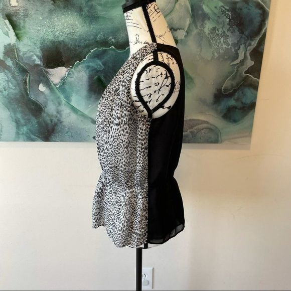 Ann Taylor Loft Black White Print Blouson Peplum Blouse Top sz MP Medium Petite - Picture 5 of 12